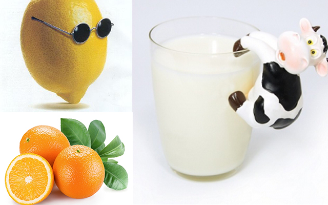 sữa bò và hoa quả vị chua